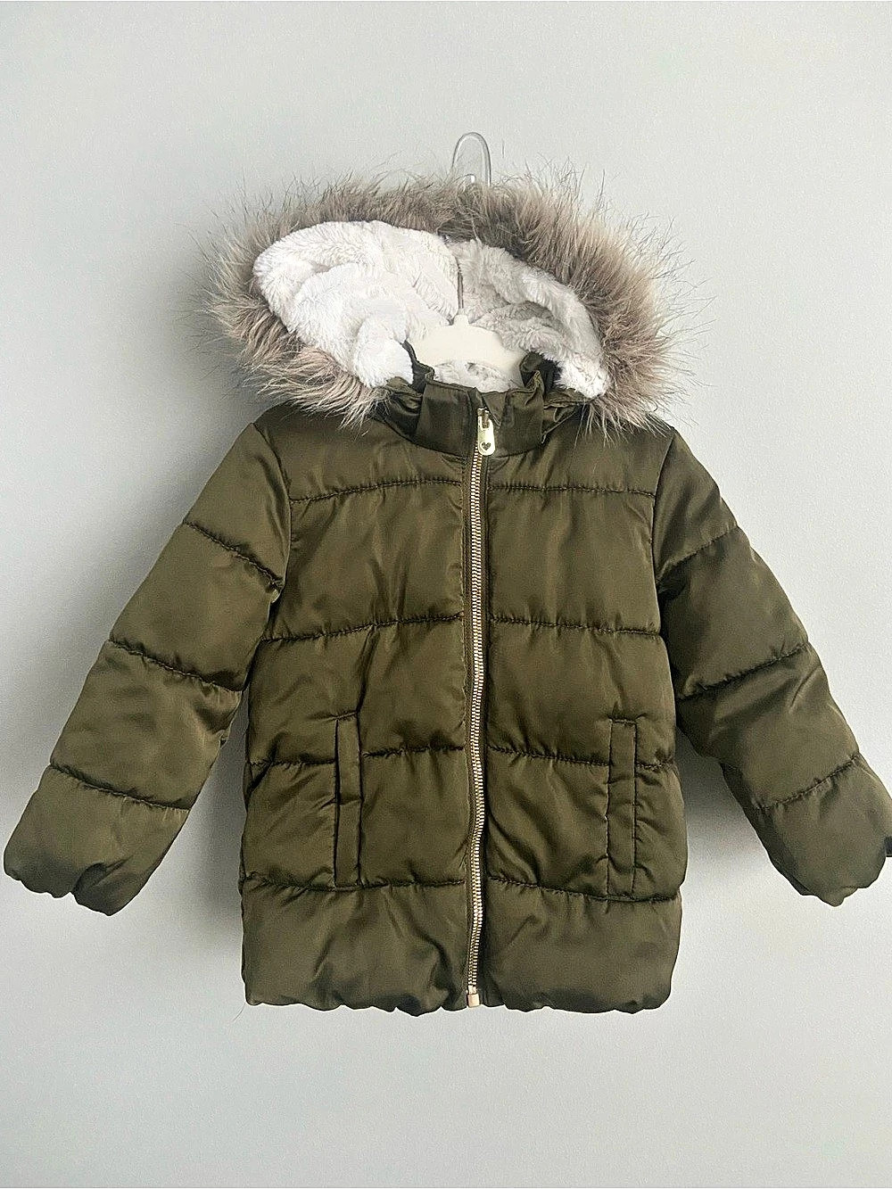 H&M Kids Olive Puffer Jacket Size 2T winter fall coat faux fur hood